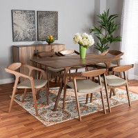 Baxton Studio RDC809B-AC-SteelWalnut-7PC Dining Set Baxton Studio Harland Mid-Century Modern Grey Faux Leather Upholstered and Walnut Brown Finished Wood